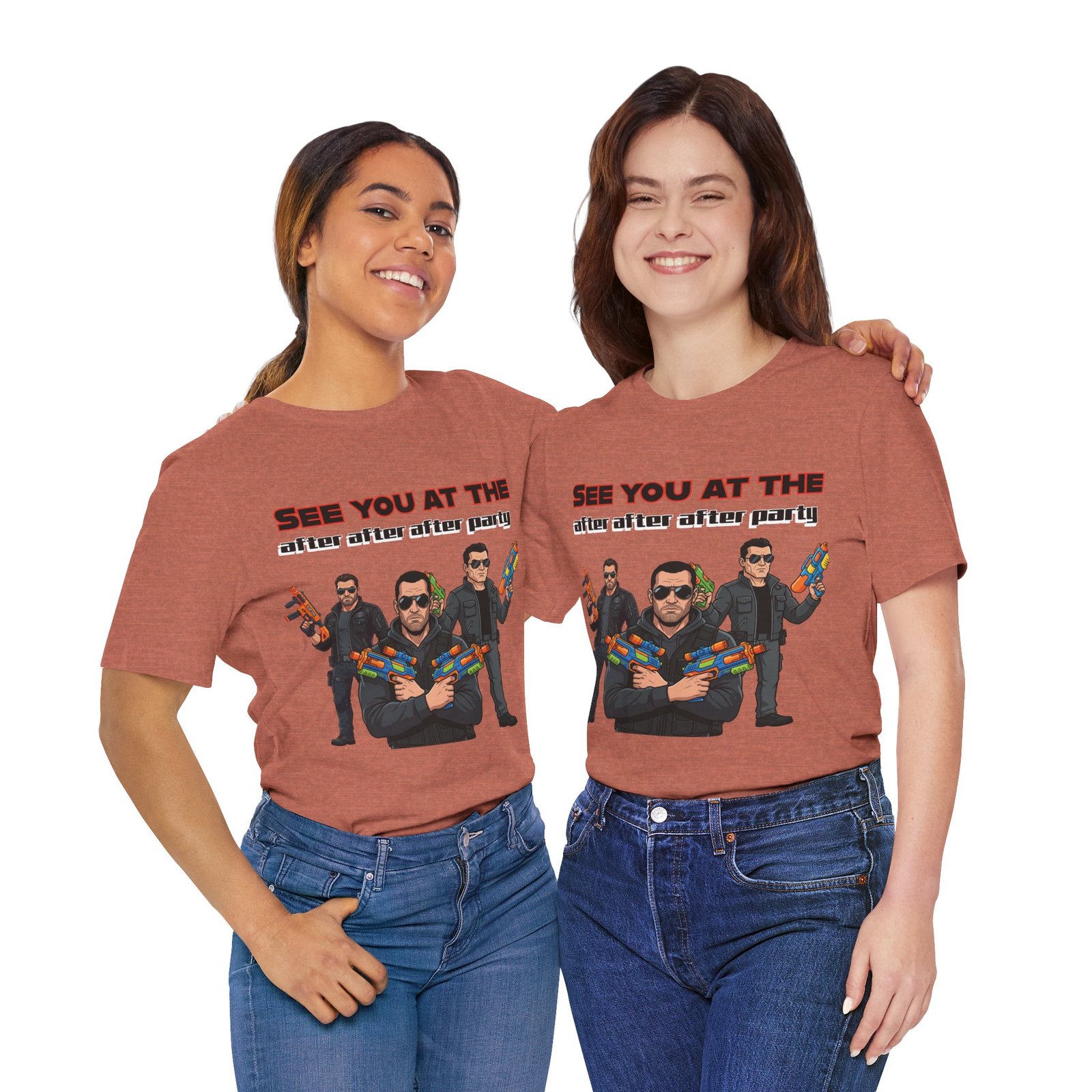 Two women wearing rust-colored t-shirts featuring the See You At The After After After Party Water Gun Squad design.