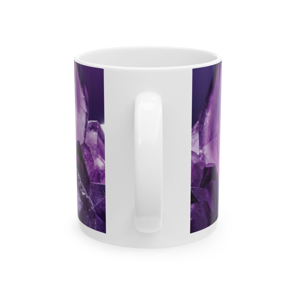 White ceramic coffee mug featuring a vibrant close-up print of purple amethyst crystal facets.