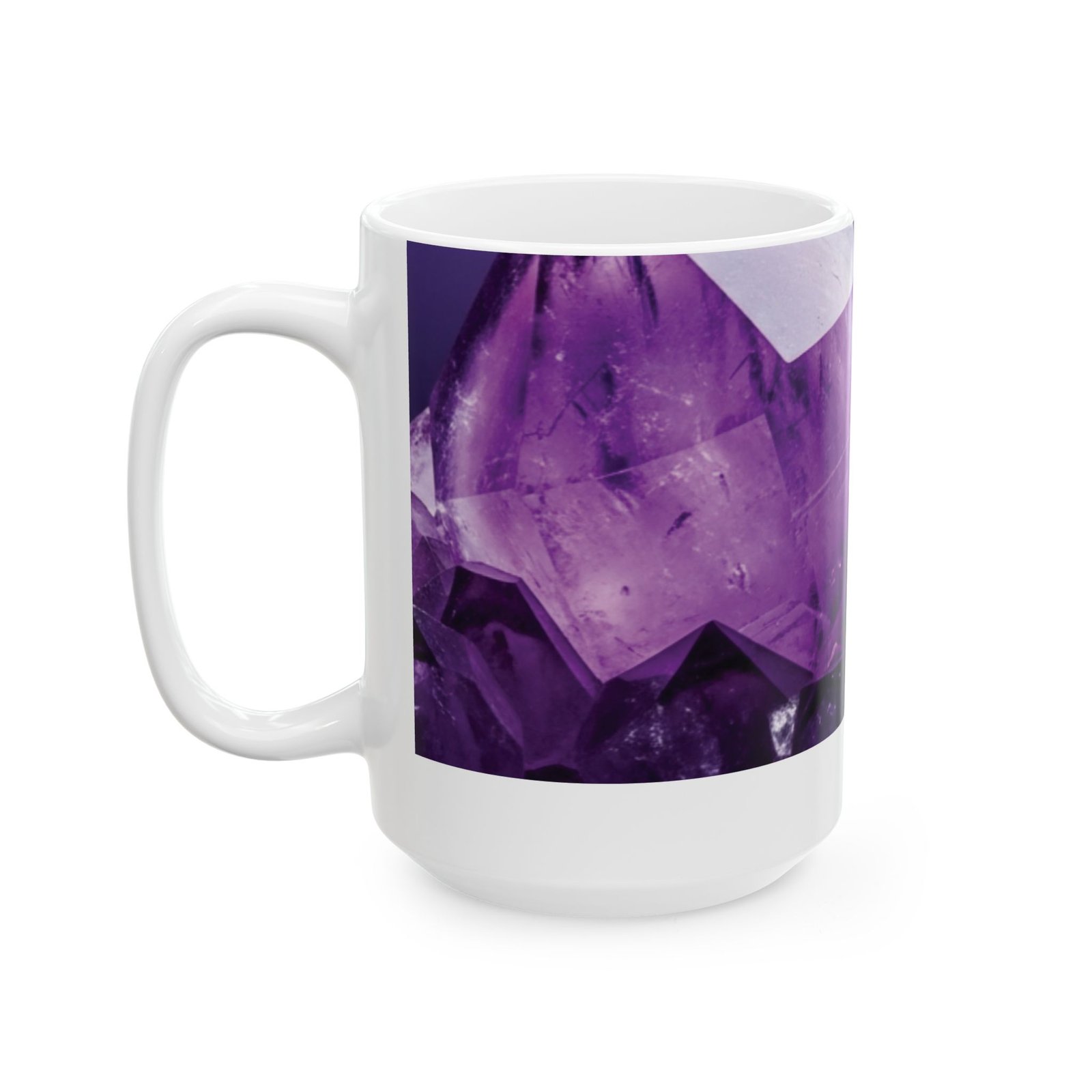 White ceramic mug featuring a close-up print of vibrant purple amethyst crystal facets.