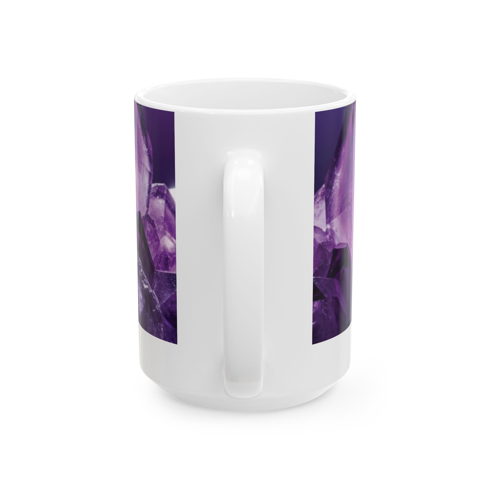 White ceramic mug featuring a close-up purple amethyst crystal gemstone print with vibrant crystalline facets.