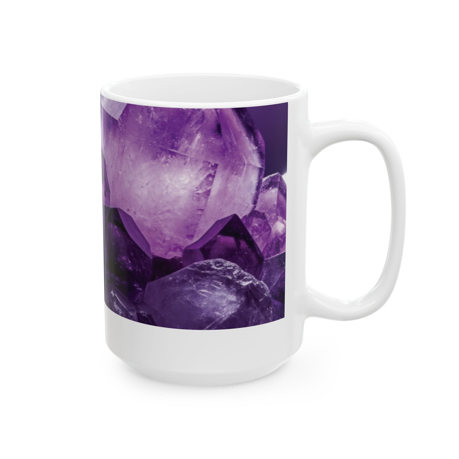 White ceramic mug featuring a vibrant, close-up print of deep purple amethyst crystal facets.