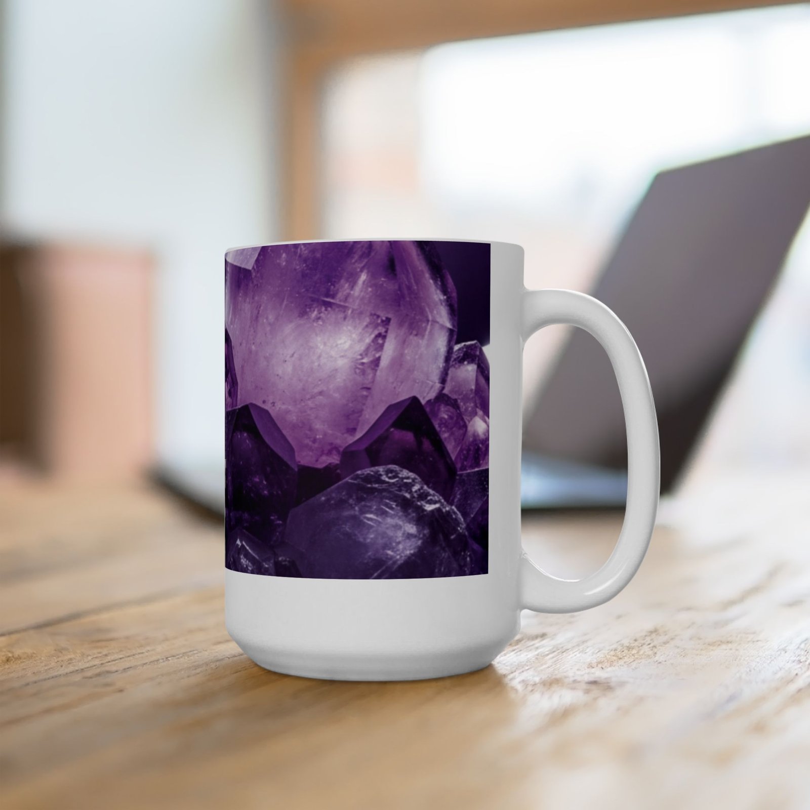 White ceramic mug featuring a vivid close-up print of deep purple amethyst crystal facets and jewel-like details.