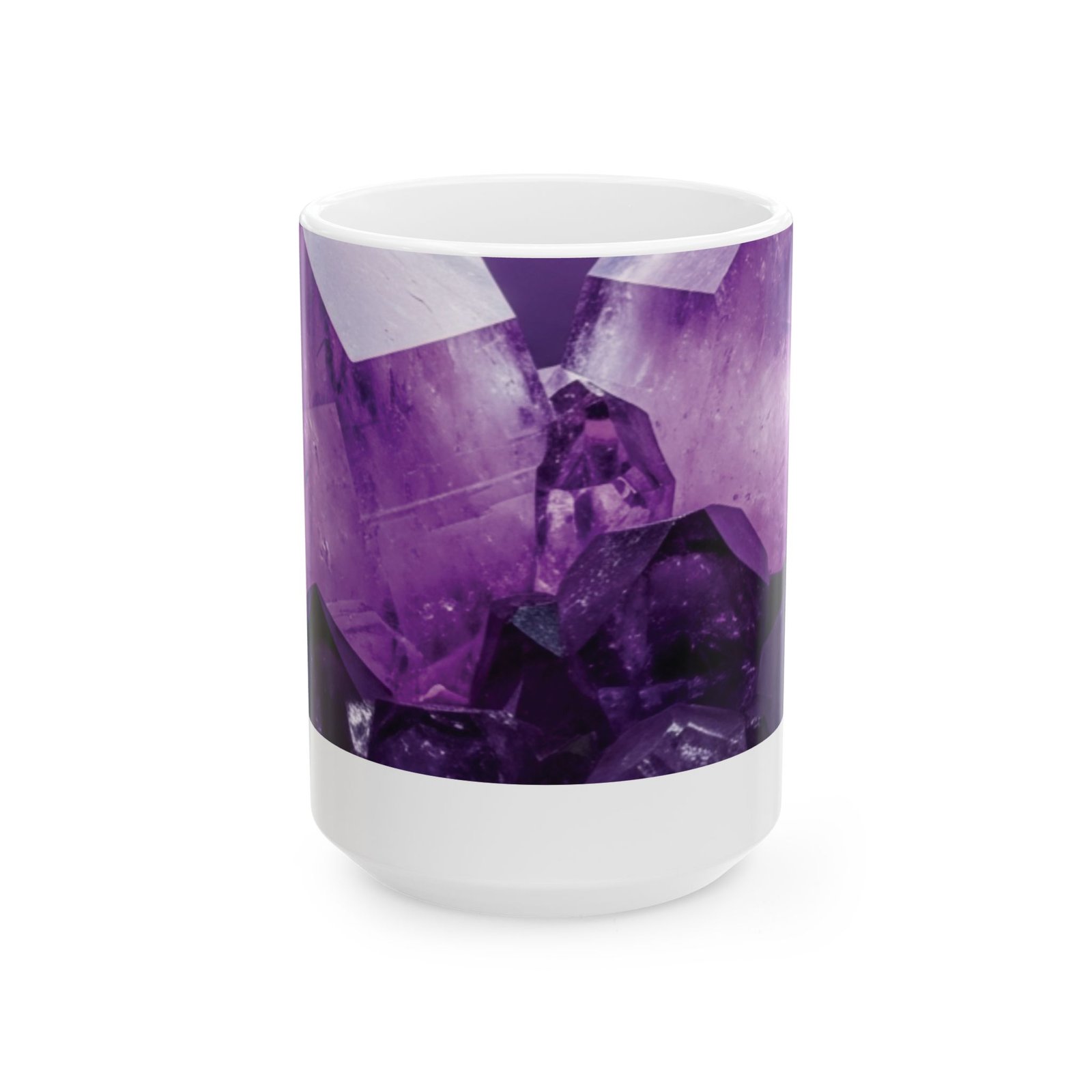 White ceramic mug featuring a vivid close-up print of purple amethyst crystal gemstone facets.