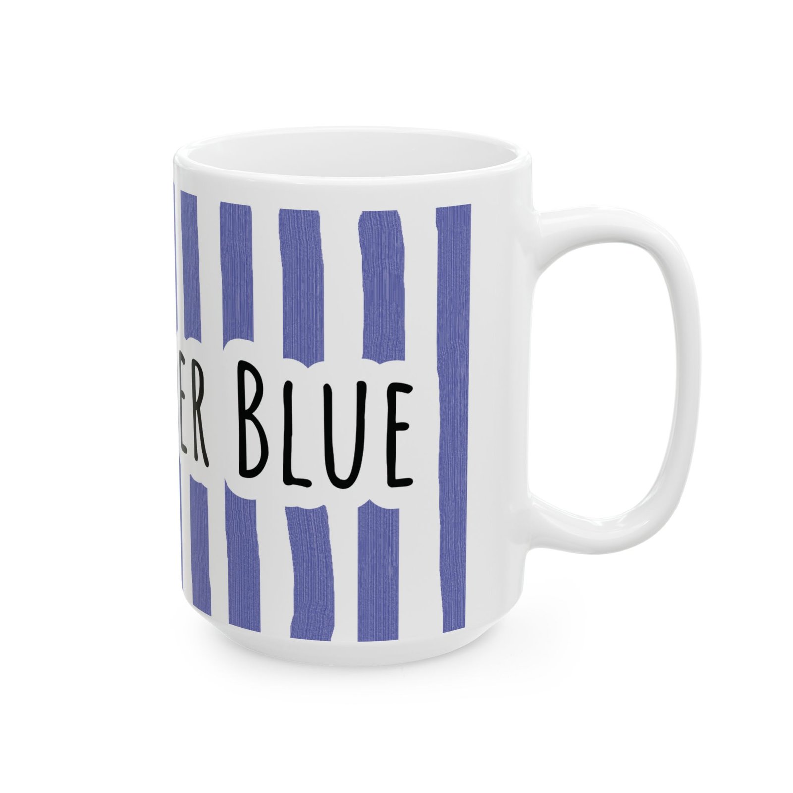 White ceramic mug featuring periwinkle blue brushstroke stripes and hand-lettered 'STAY UNDER BLUE' text.