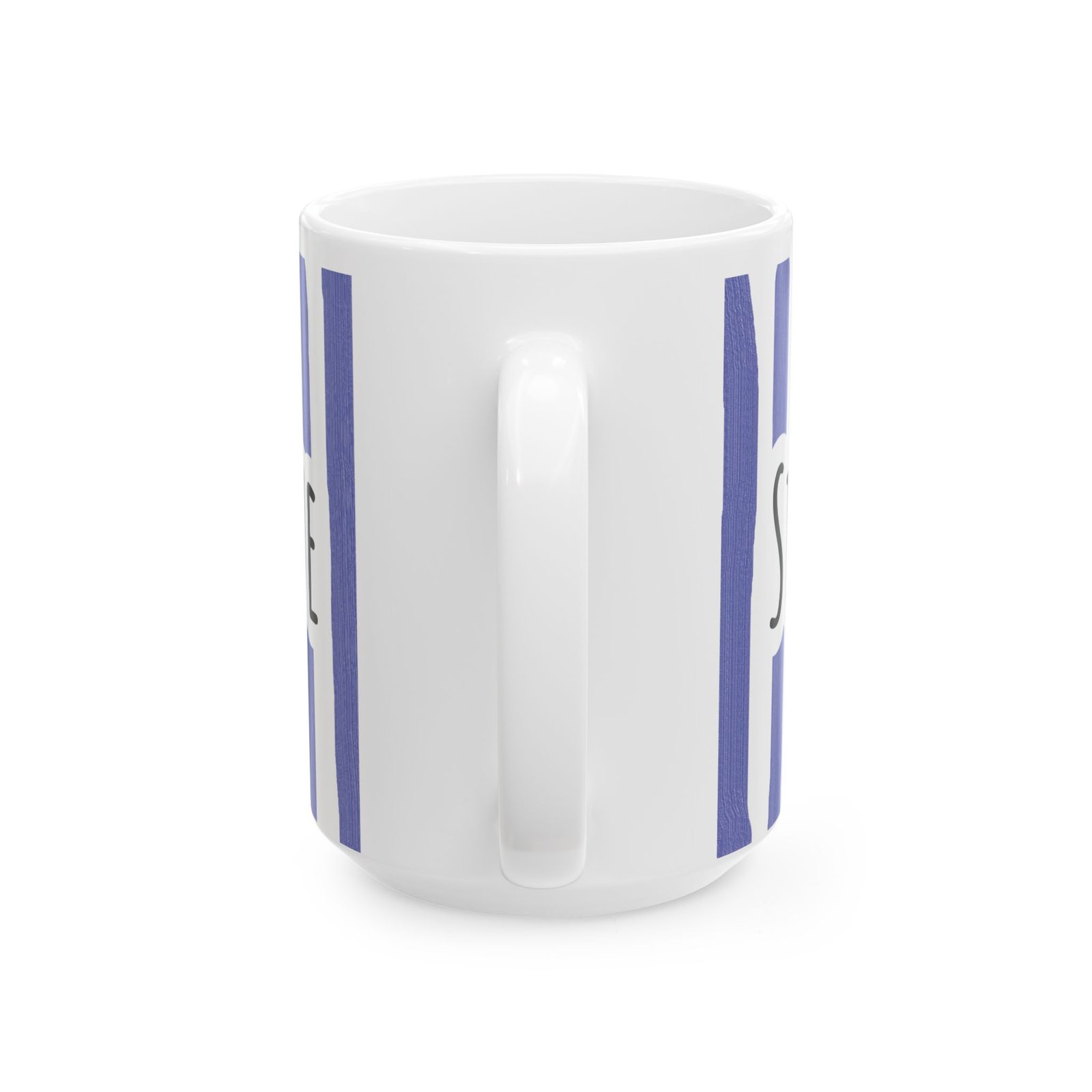 White ceramic mug featuring periwinkle vertical brushstroke stripes and hand-lettered 'Stay Under Blue' text.