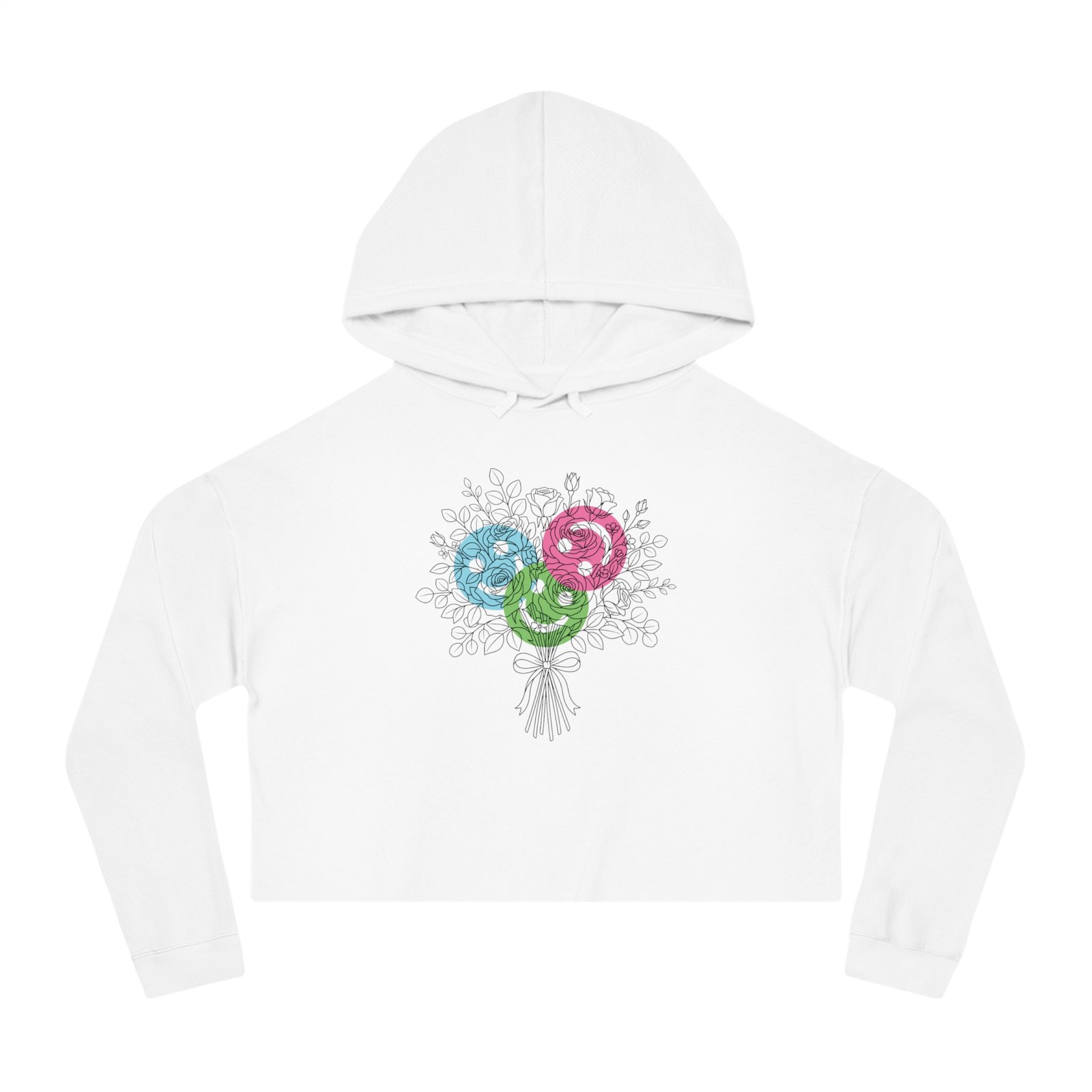 White cropped hoodie featuring a colorful floral lollipop bouquet graphic in teal, magenta, and lime with line art foliage.