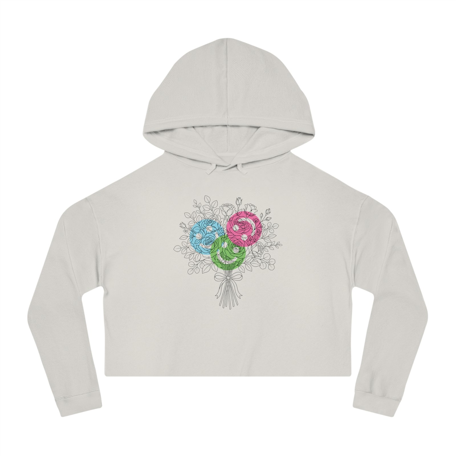 White cropped hoodie featuring a hand-drawn bouquet graphic of teal, magenta, and lime lollipop-like flowers.