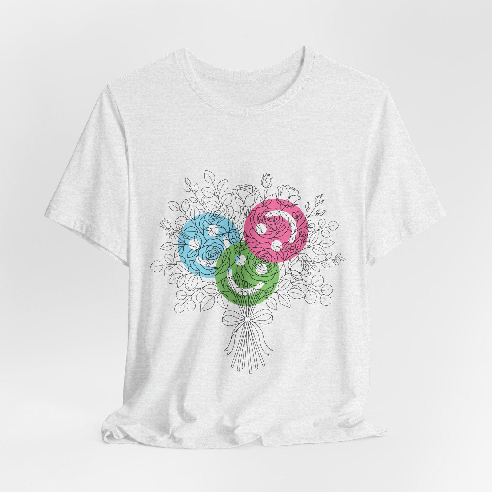 White T-shirt featuring a hand-drawn bouquet with three colorful spiral flower blooms in teal, magenta, and lime green.