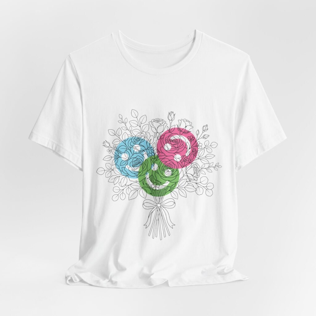 White t-shirt featuring a hand-drawn floral bouquet with three colorful spiral blooms in teal, magenta, and lime.