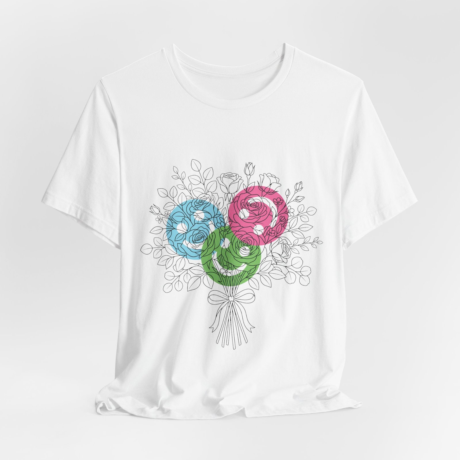 White t-shirt featuring a hand-drawn floral bouquet with three colorful spiral blooms in teal, magenta, and lime.