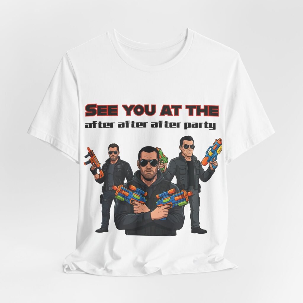 White t-shirt featuring a trio of sunglasses-clad characters with colorful toy blasters and "SEE YOU AT THE after after after party" text.