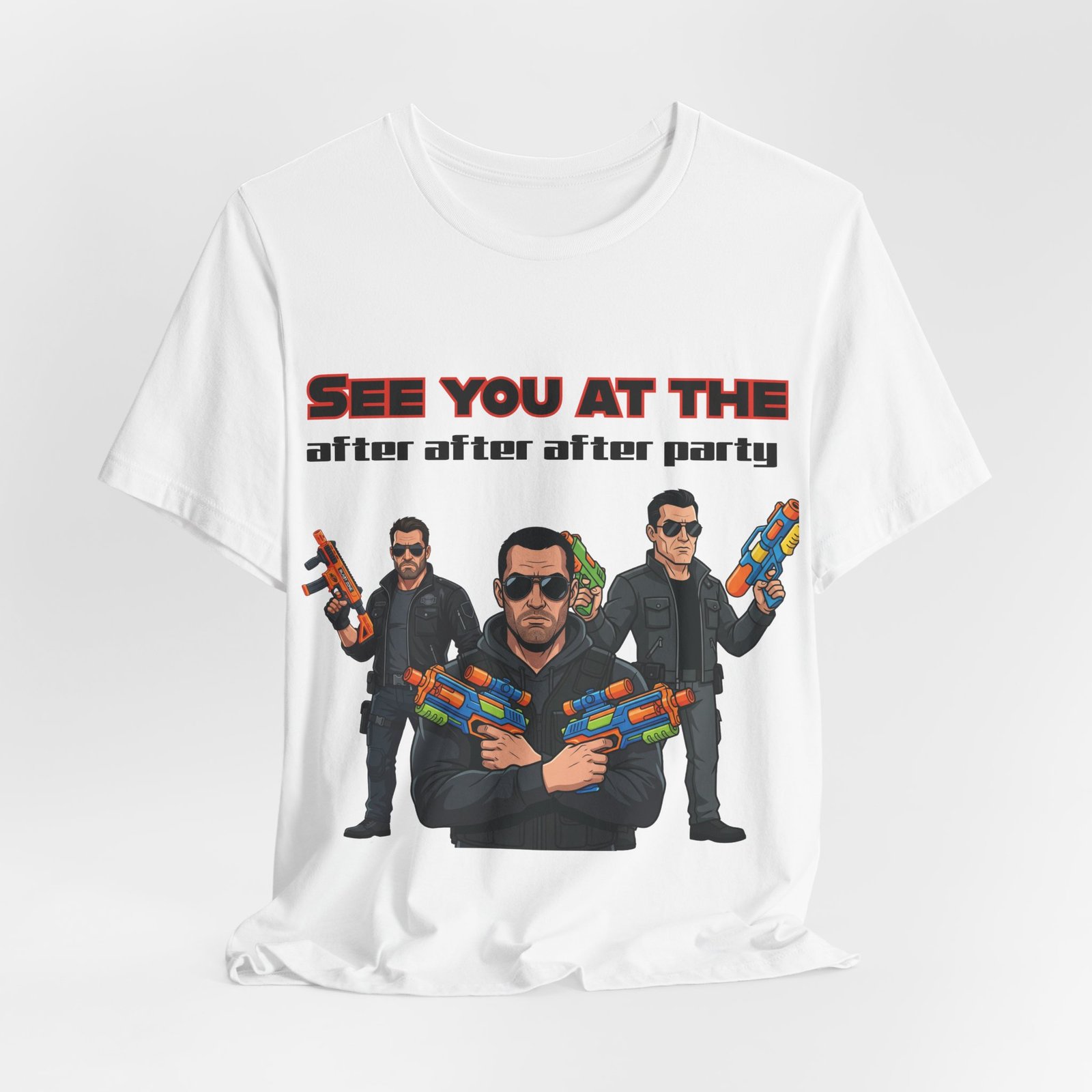 White t-shirt featuring a trio of sunglasses-clad characters with colorful toy blasters and "SEE YOU AT THE after after after party" text.