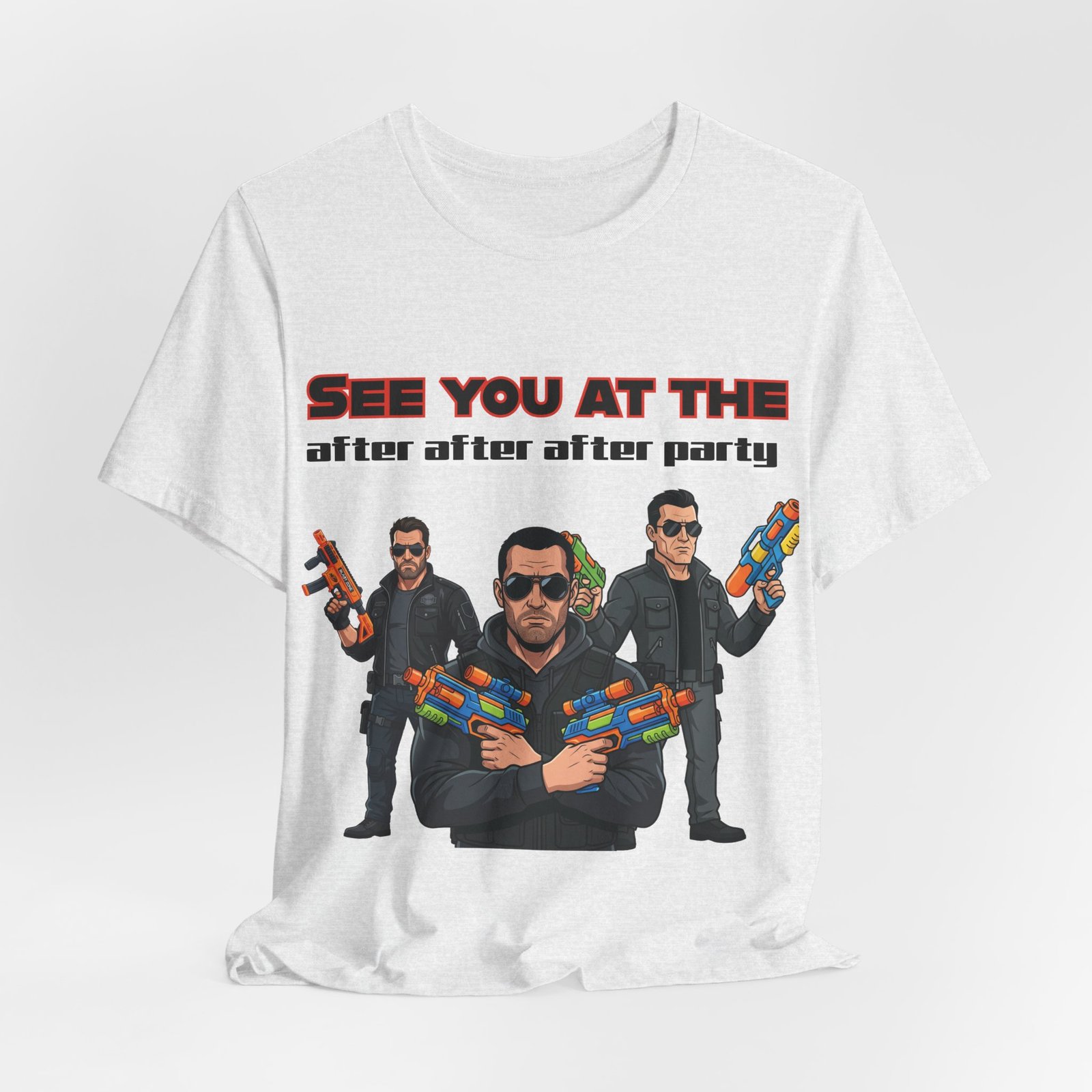 White t-shirt featuring three characters in sunglasses with colorful water guns and the text See You At The After After After Party