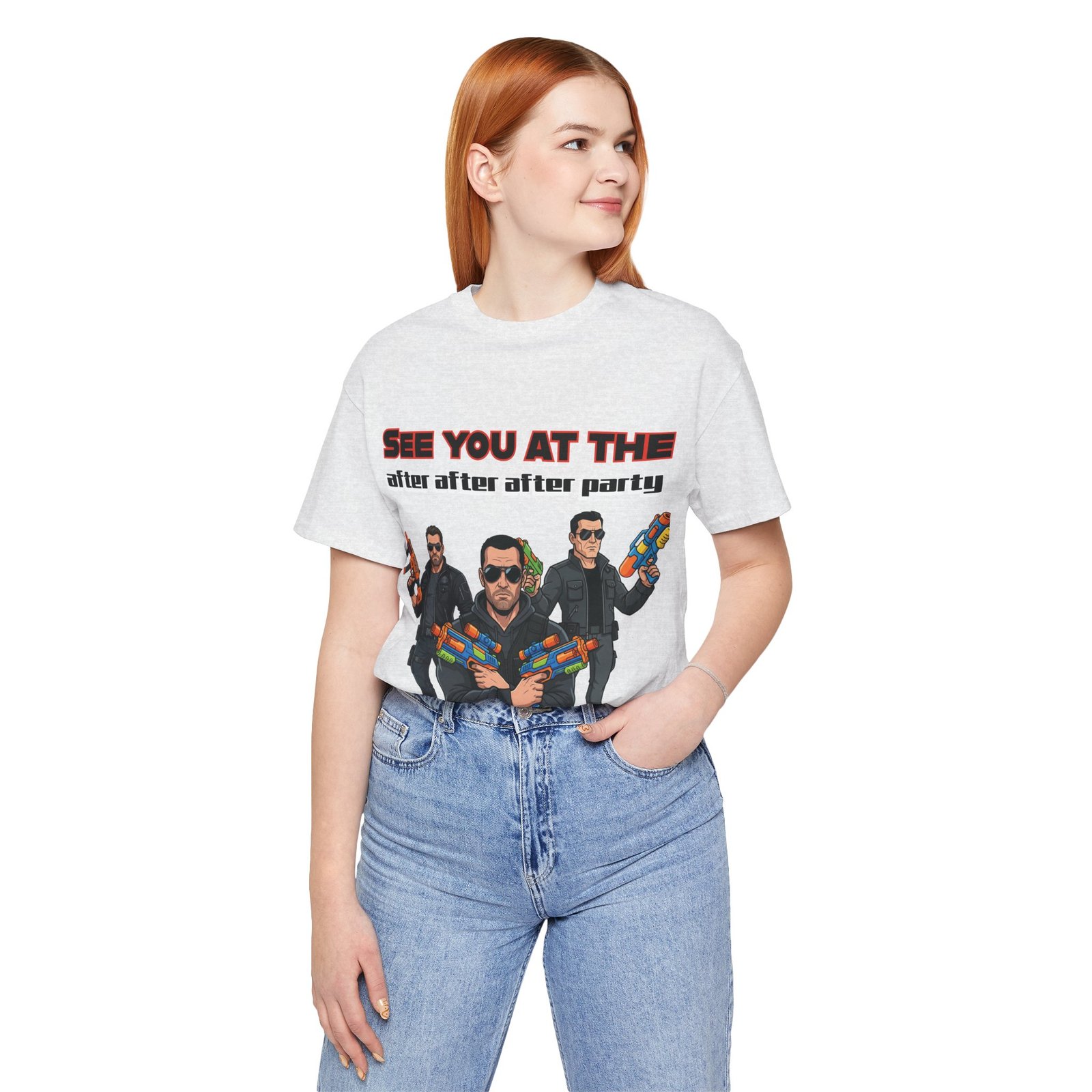White t-shirt featuring three characters with sunglasses holding colorful water guns and the text SEE YOU AT THE after after after party