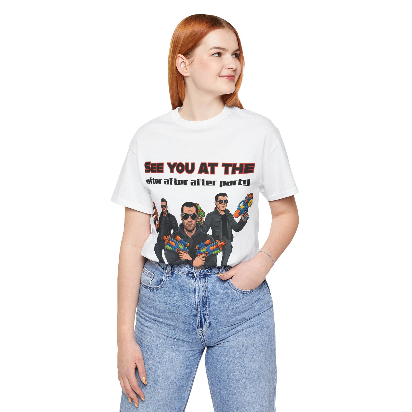 White t-shirt featuring three sunglasses-clad characters with toy water guns and 'SEE YOU AT THE after after after party' text.