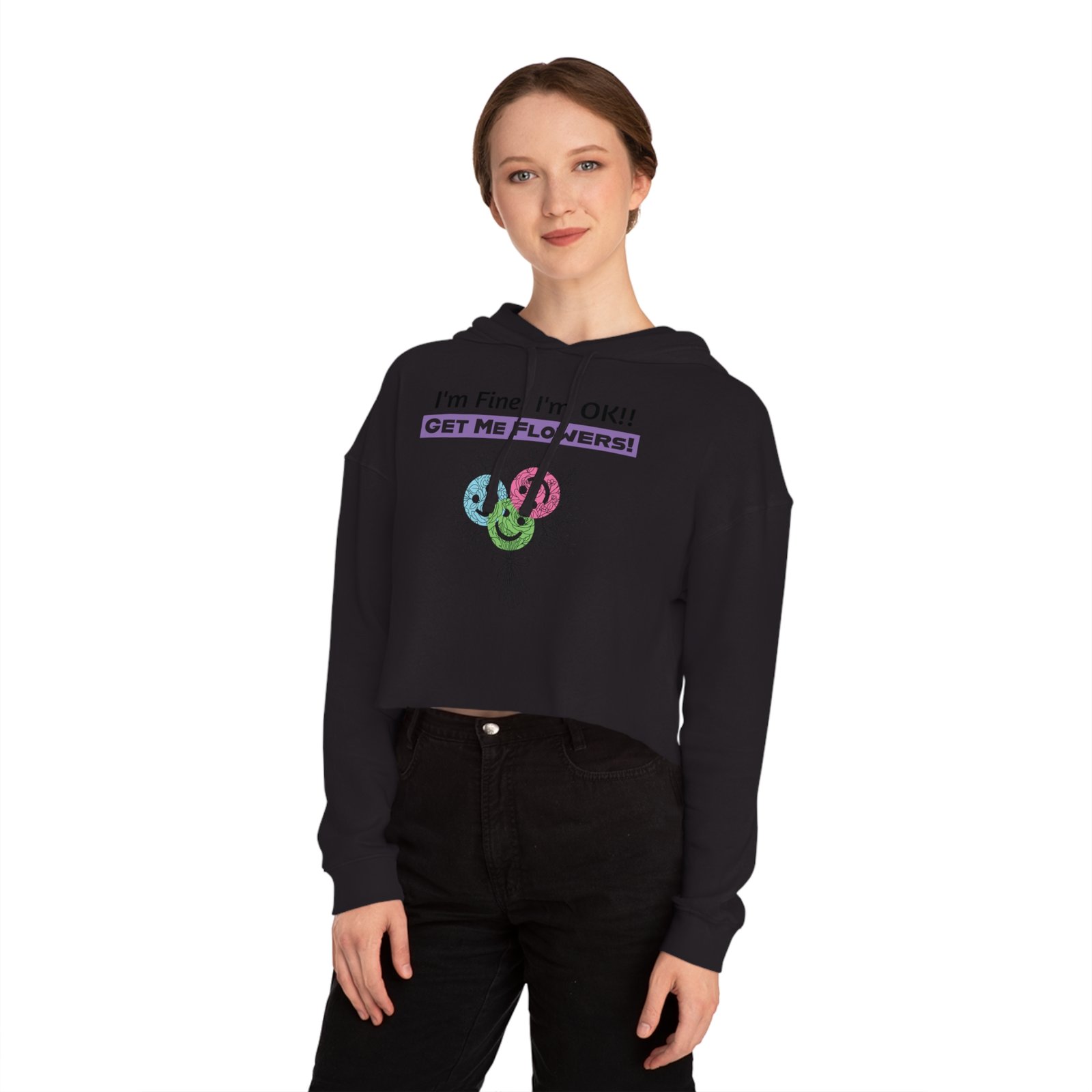 "I'm Fine! I'm OK!! Get Me Flowers!" Floral Bouquet Cropped Hoodie (Purple)