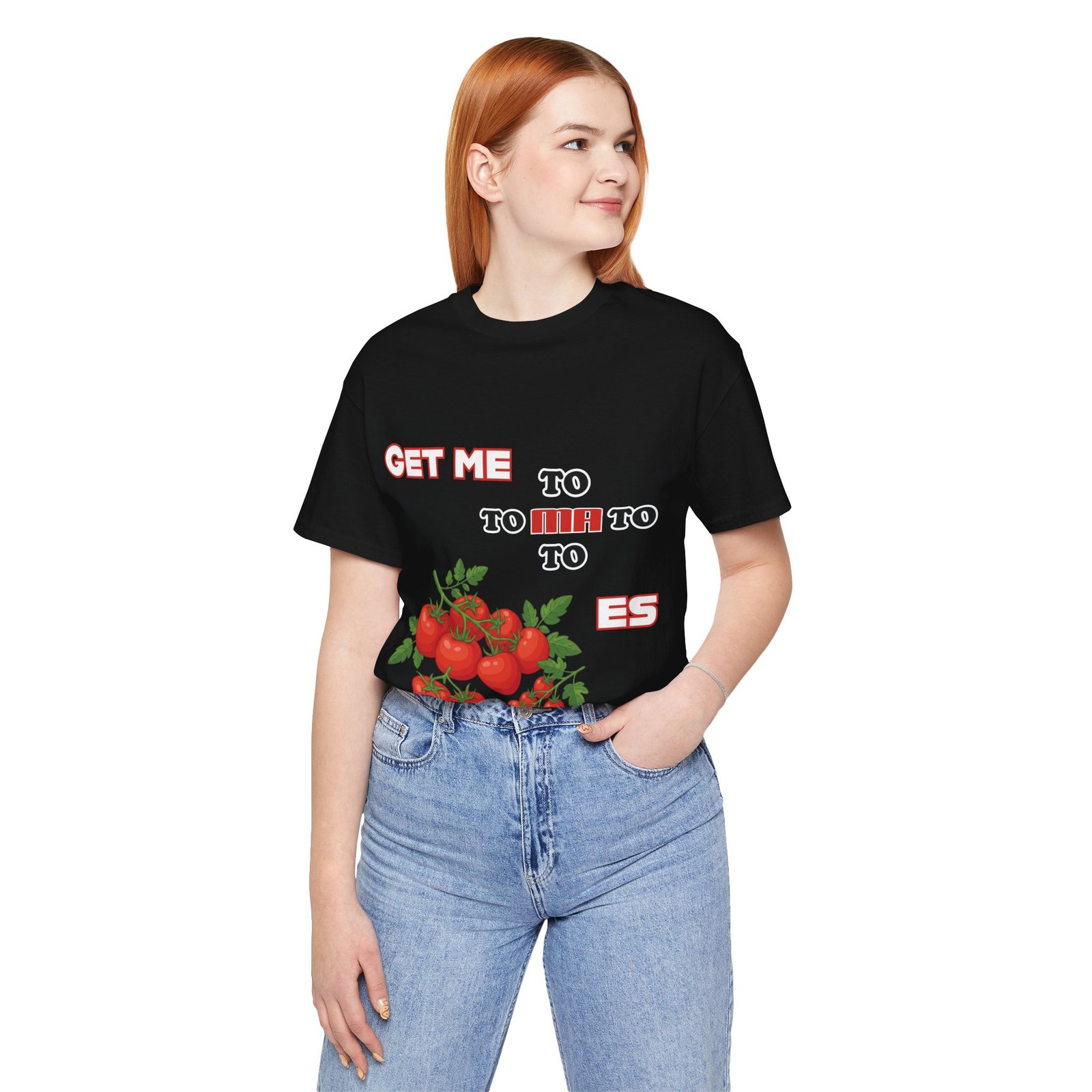 Woman wearing a black Get Me To Ma To Toes T-Shirt featuring retro white text and illustrated tomato clusters.