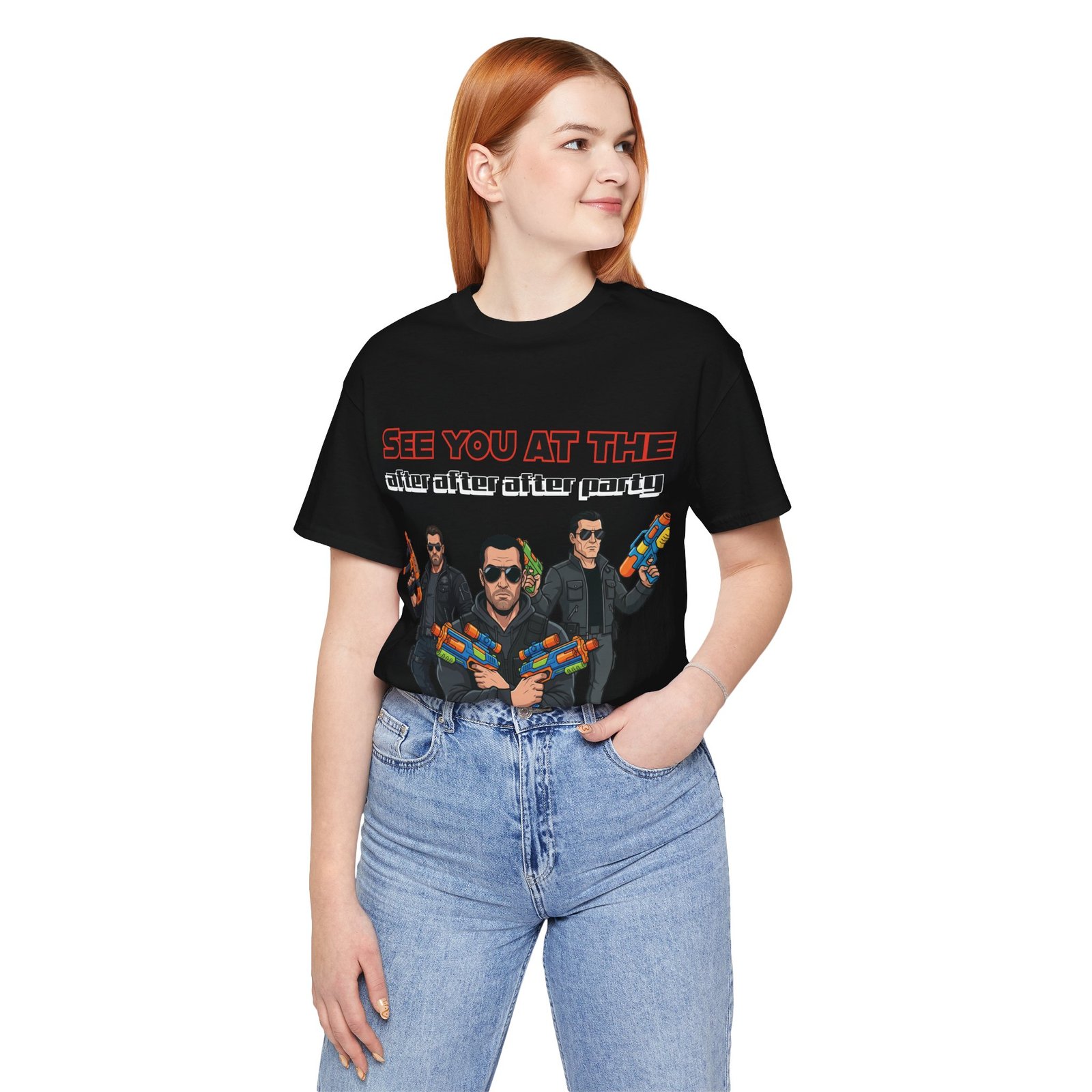Woman wearing a black 'See You At The After After After Party' t-shirt featuring three characters with colorful water guns.