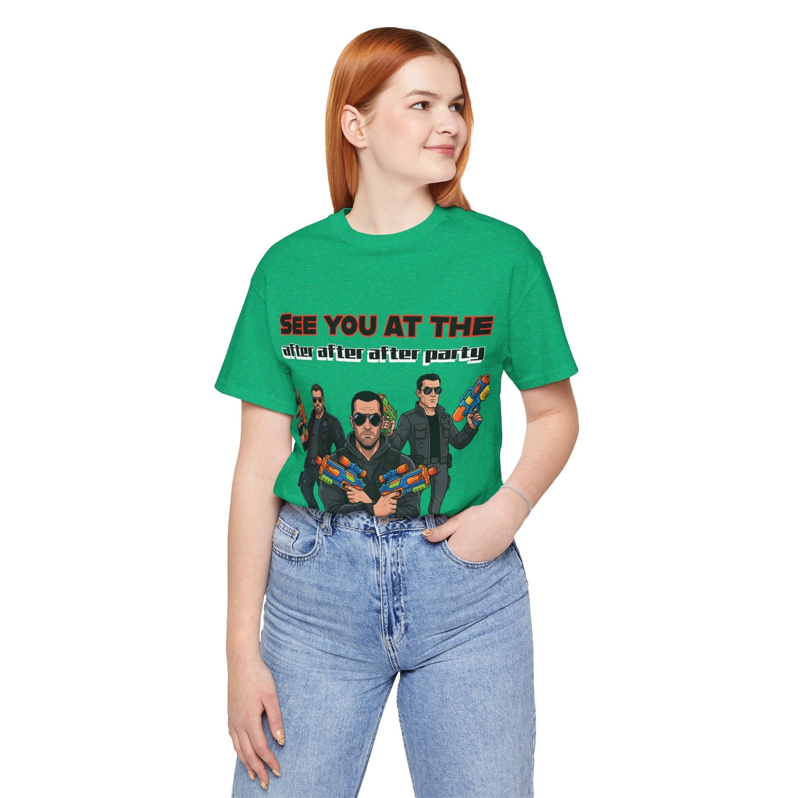 Woman wearing a green "See You At The After After After Party" t-shirt featuring characters with colorful water guns.