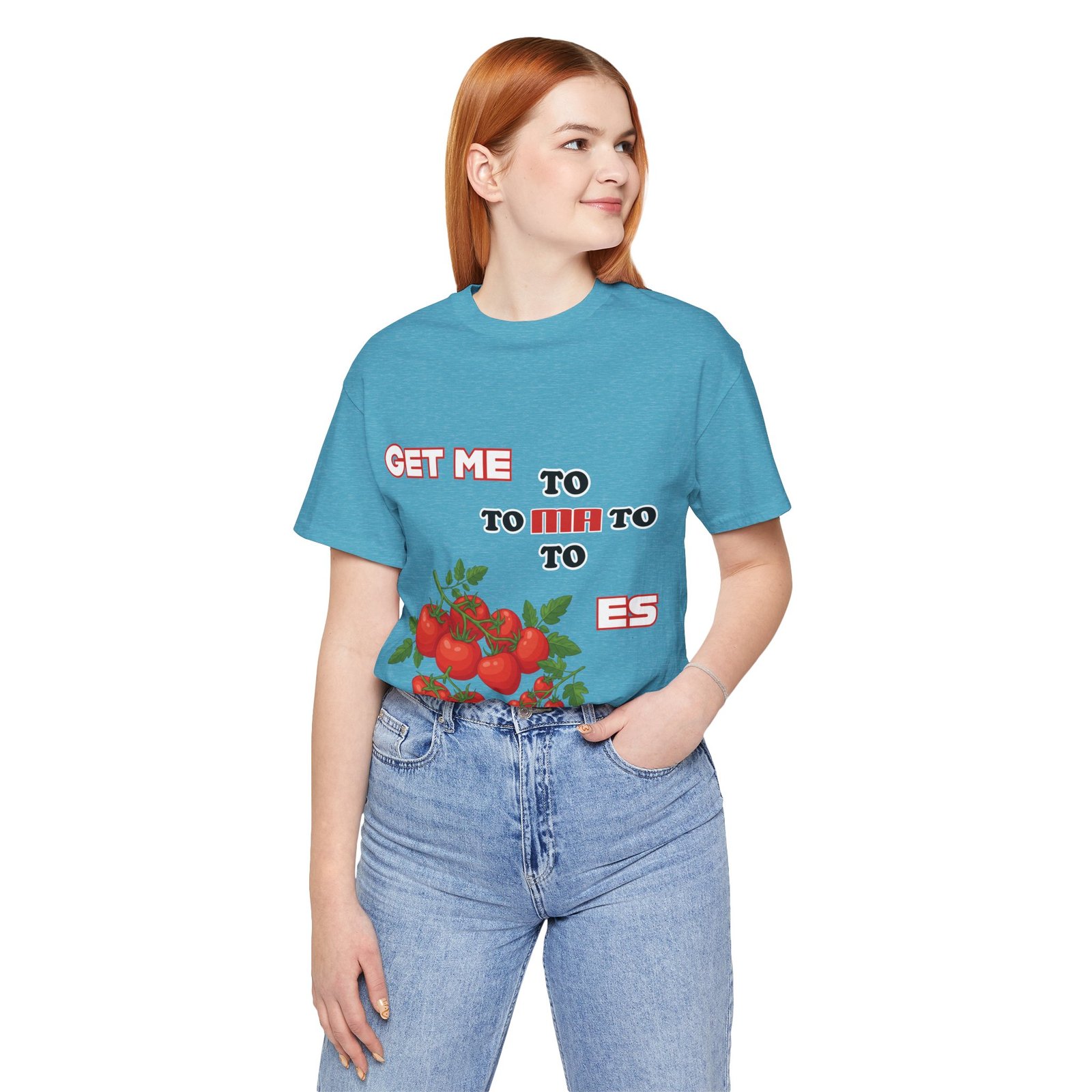 Woman wearing a light blue crewneck t-shirt featuring tomato illustrations and the phrase Get Me To Ma To Toes.