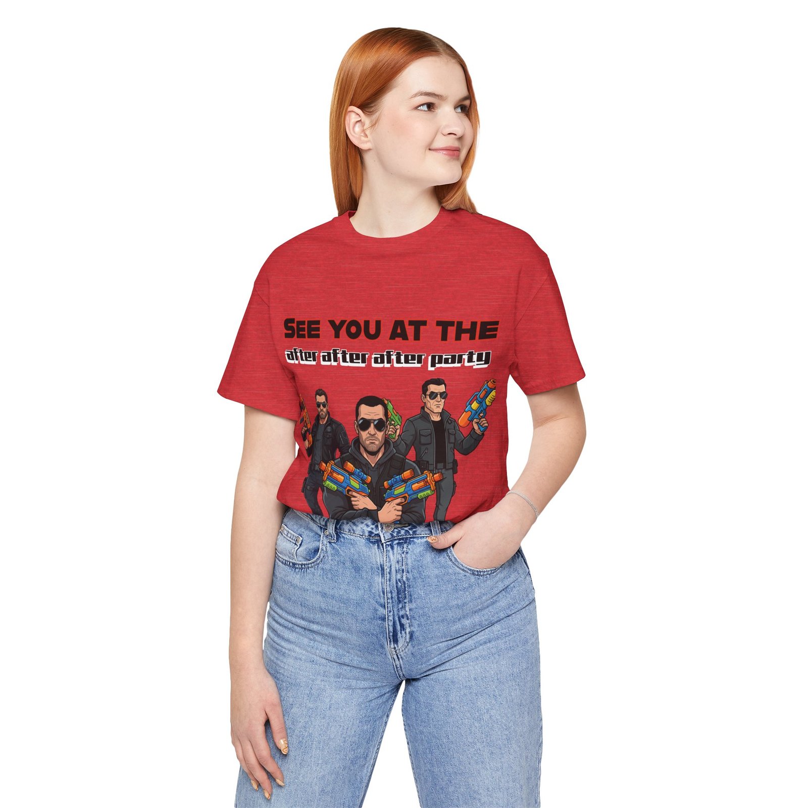 Woman wearing a red See You At The After After After Party t-shirt featuring three characters with toy blasters.