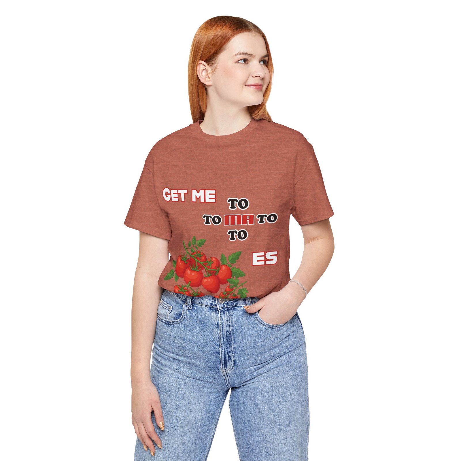 Woman wearing a rust-colored "Get Me To Ma To Toes" t-shirt with vintage tomato illustrations.