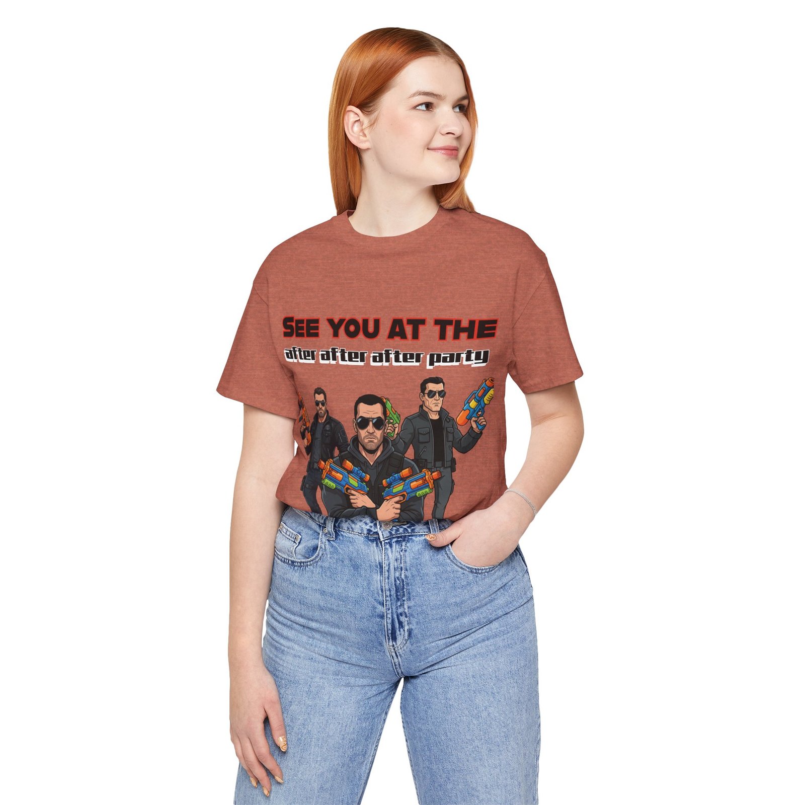 Woman wearing a rust-colored t-shirt featuring three cartoon characters with water guns and the text "See You At The After After After Party"
