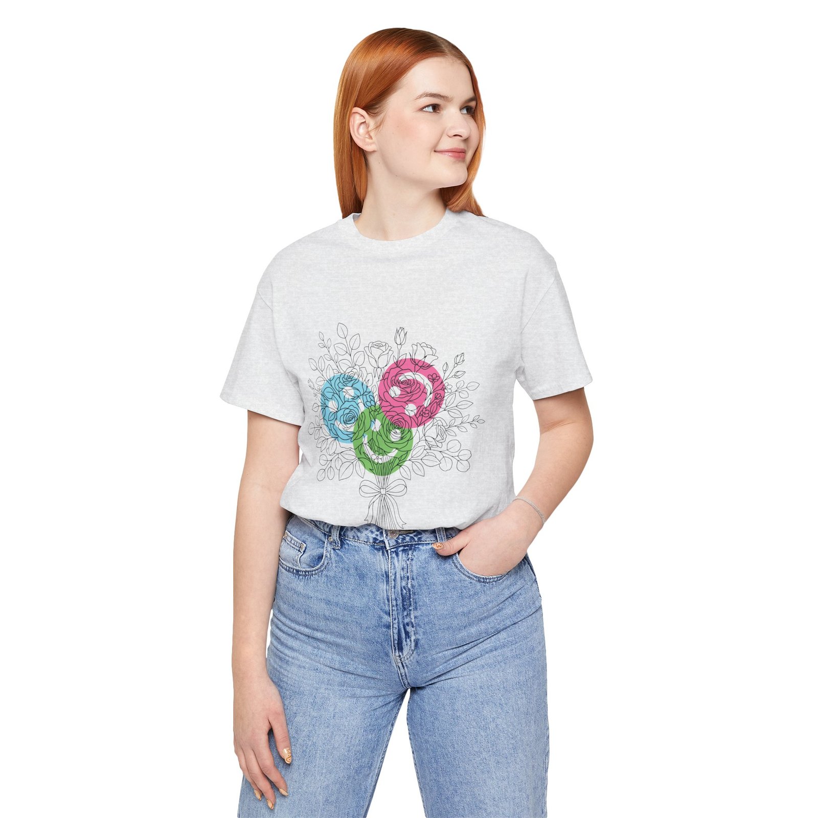 Woman wearing a white Floral Yarn Bouquet T-Shirt with colorful teal, magenta, and lime spiral flower doodles.