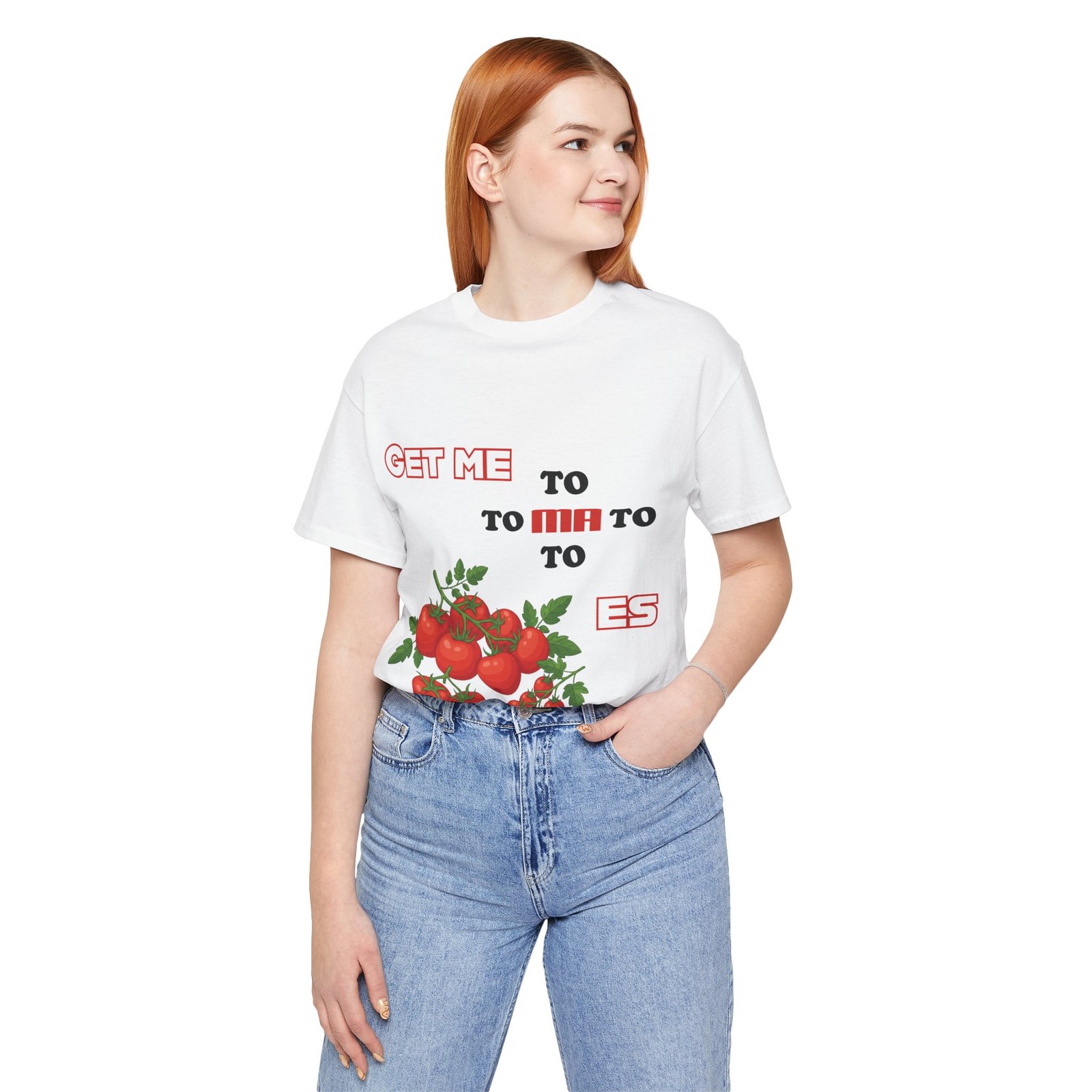 Woman wearing a white 'Get Me To Ma To Toes' vintage t-shirt with a playful red tomato cluster graphic.