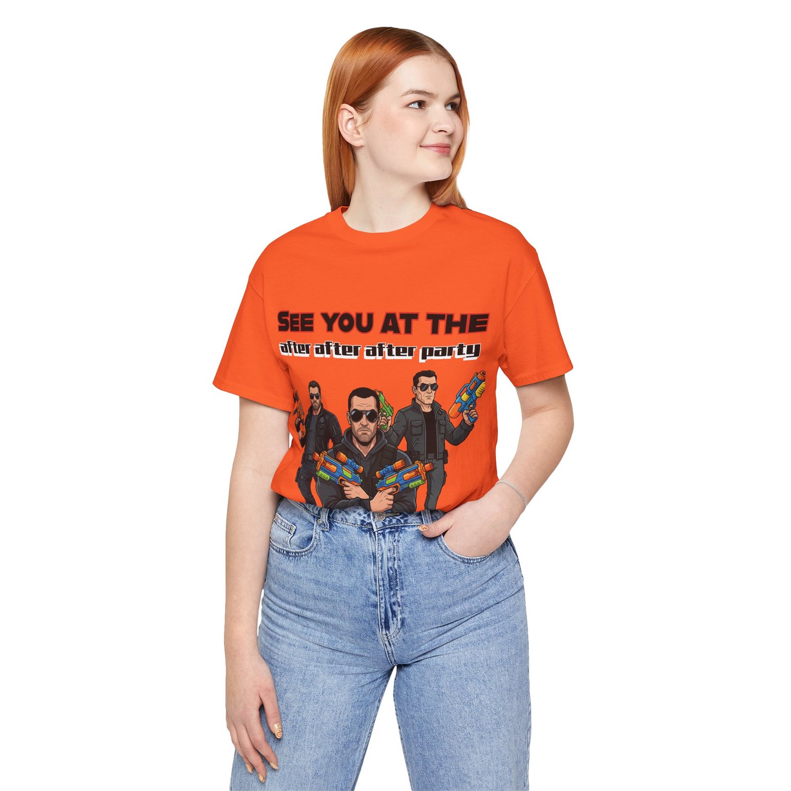 Woman wearing an orange "See You At The After After After Party" T-shirt with a graphic of three men with toy blasters.