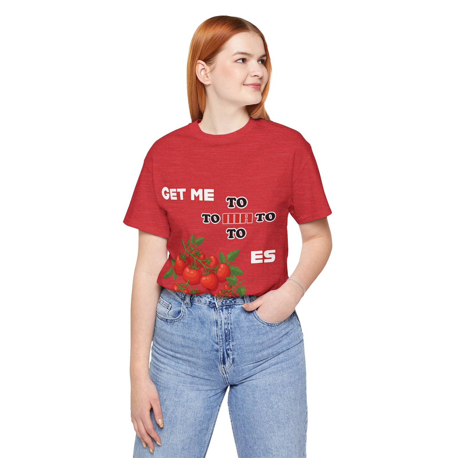 Woman wearing red Get Me To Ma To Toes vintage tomato graphic t-shirt and blue jeans.