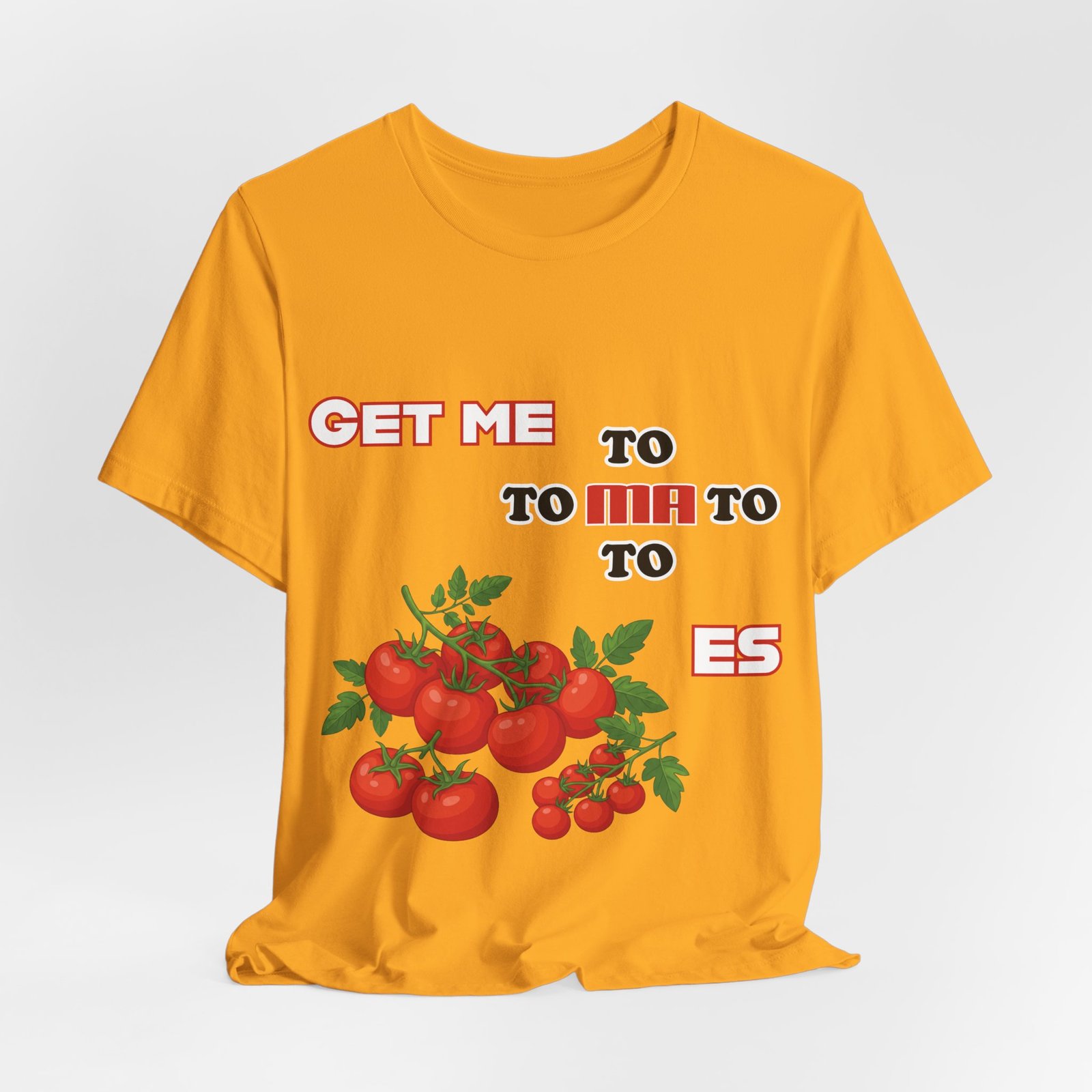 Yellow Get Me To Ma To Toes vintage t-shirt featuring retro typography and illustrated red tomato clusters.