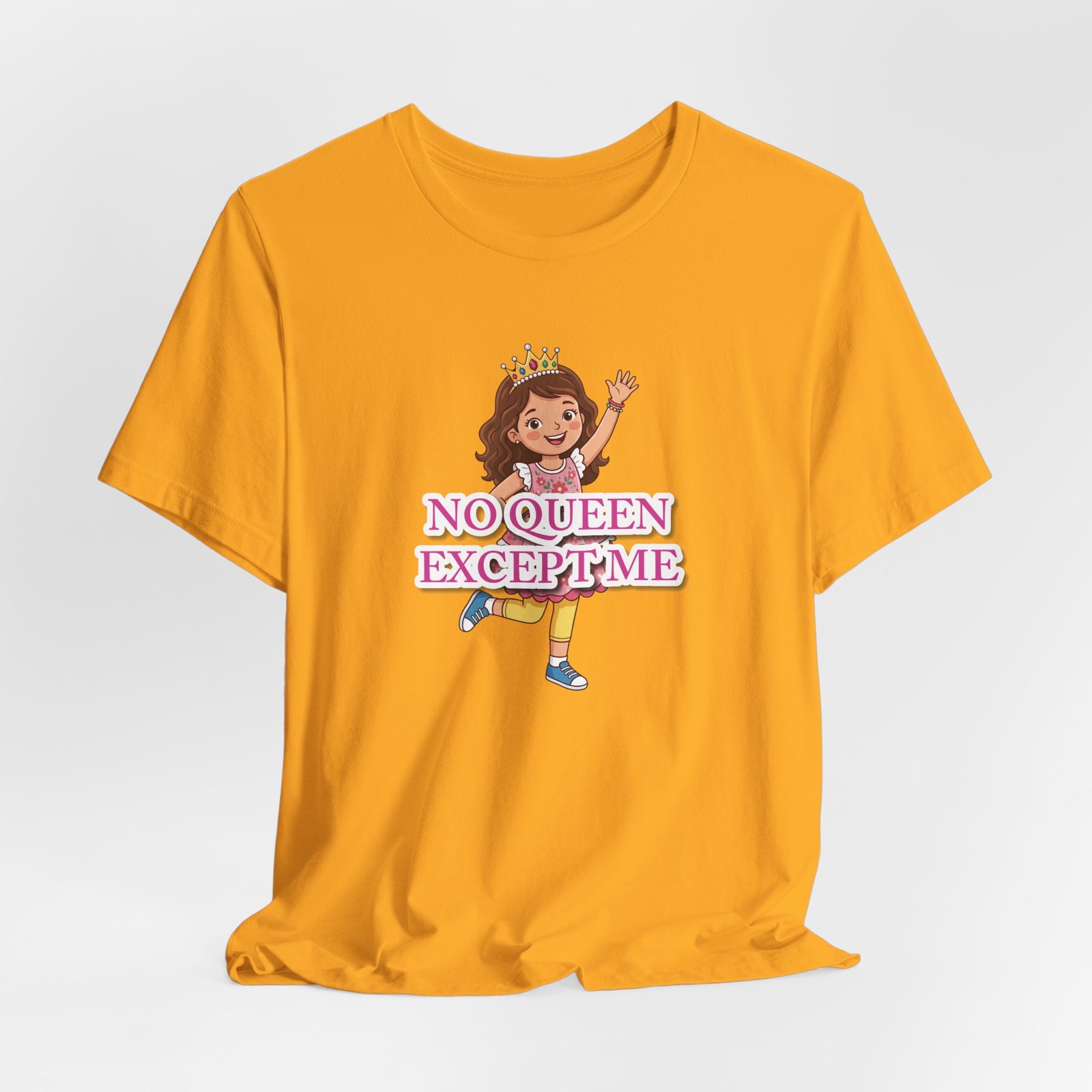 Yellow girls' t-shirt featuring a whimsical illustration of a confident little queen and pink "NO QUEEN EXCEPT ME" text.