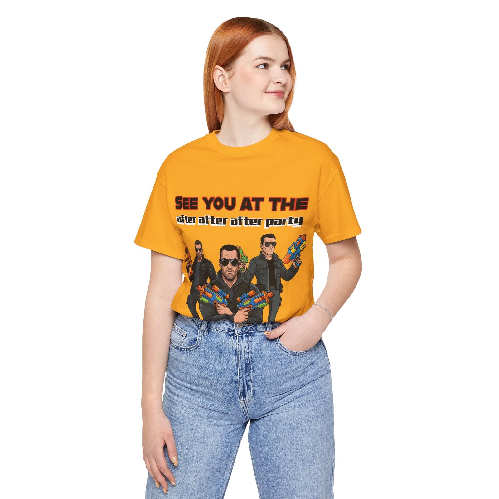 Yellow T-shirt featuring a graphic of three characters with sunglasses and colorful water guns, and playful text.