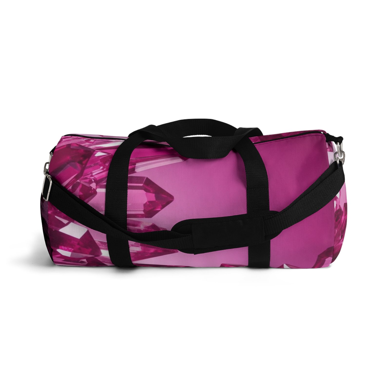Pink gemstone print duffel bag with black handles and an adjustable shoulder strap on a white background.