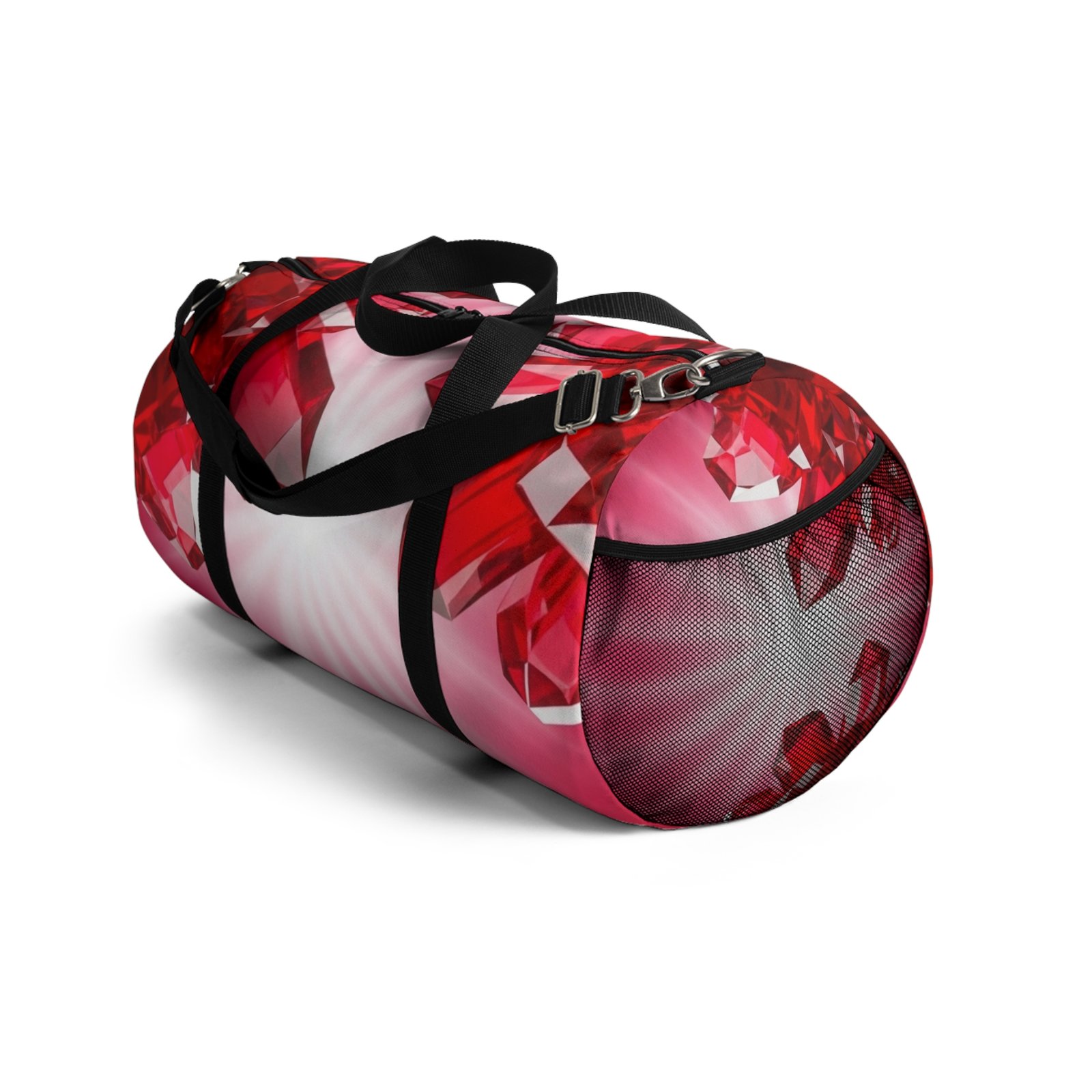 Red Gem Pattern Duffel Bag with ruby jewel print, black handles, adjustable shoulder strap, and mesh side pocket.