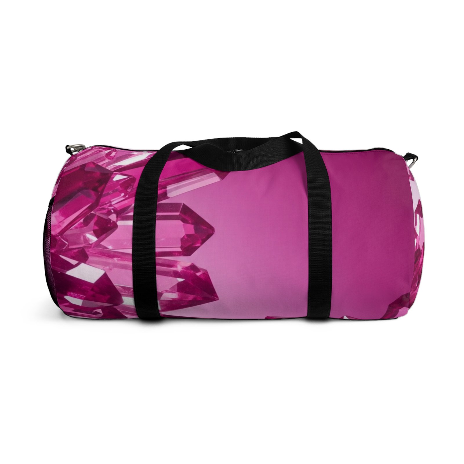 Pink gemstone print duffel bag with large crystalline floral patterns and black reinforced handles.